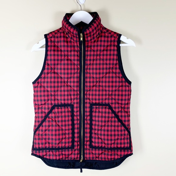J. Crew Red Plaid Buffalo Check‎ Quilted Puffer Vest - Picture 1 of 6